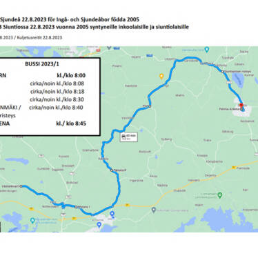 Karta över gemensam transport till uppbådet från Västankvarn i Ingå via Täkter, Flyt och Lappersvägen till Fennia Arena i Sjundeå centrum.