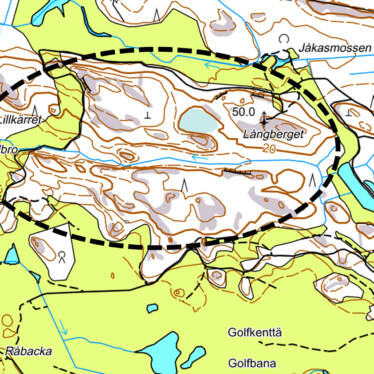 Terrängkarta över Pickala Golfs område där ett bergigt område bland golfbanorna markerats.