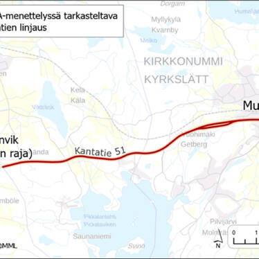 Kartta osoittaa, että kantatien 51 parantamista suunnitellaan alueella, joka ulottuu Inkoon ja Siuntion rajalta Kirkkonummen keskustan kohdalle.