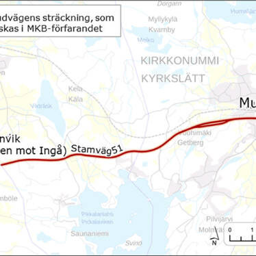 Kartan visar att planeringsområdet för förbättringen av stamväg 51 ligger mellan gränsen mellan Ingå och Sjundeå och Kyrkslätt centrum.