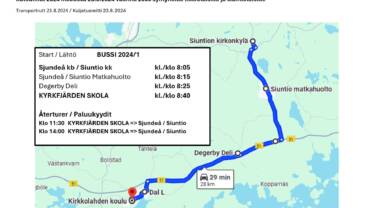 Kartan visar rutten för samtransporten till uppbådet som går från Sjundeå kyrkby via kommuncentret till stamväg 51 och vidare till Inga kyrkby.