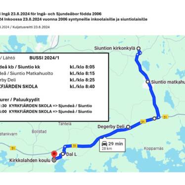 Kartan visar rutten för samtransporten till uppbådet som går från Sjundeå kyrkby via kommuncentret till stamväg 51 och vidare till Inga kyrkby.