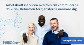 Bilden har texten Arbetskraftsservicen överförs till kommunerna 1.1.2025. Reformen för tjänsterna närmare dig.