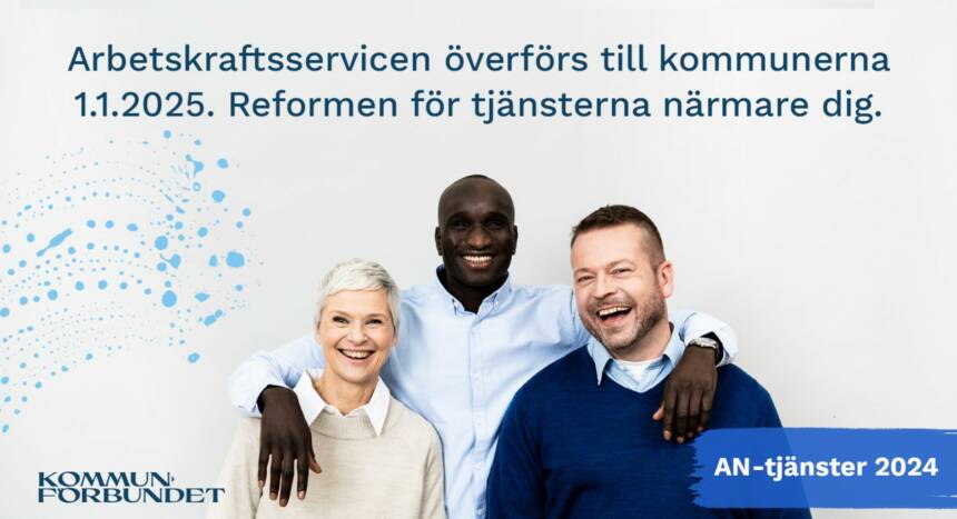 Bilden har texten Arbetskraftsservicen överförs till kommunerna 1.1.2025. Reformen för tjänsterna närmare dig.