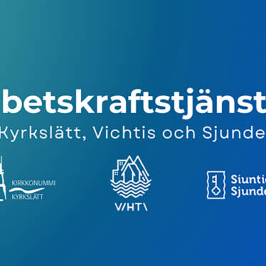 Bilden har texten Arbetskraftstjänster i Kyrkslätt, Vichtis och Sjundeå samt dessa kommuners logotyper.