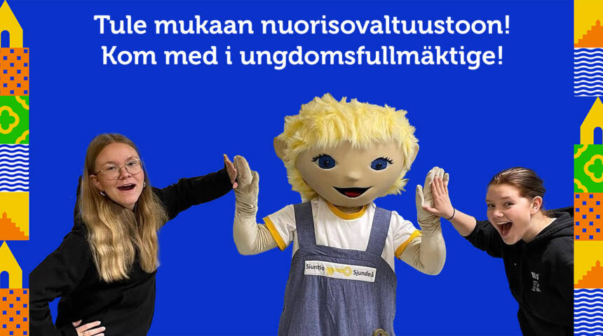 På bilden finns texten Kom med i ungdomsfullmäktige och två flickor gör high five med trollet Sipe.