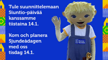 På bilden står trollet Sipe och vinkar och bilden har texten Kom och planera Sjundeådagen med oss tisdag 14.1. Tule Suunnittelemaan Siuntio-päivää kanssamme tiistaina 14.1.