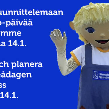 På bilden står trollet Sipe och vinkar och bilden har texten Kom och planera Sjundeådagen med oss tisdag 14.1. Tule Suunnittelemaan Siuntio-päivää kanssamme tiistaina 14.1.