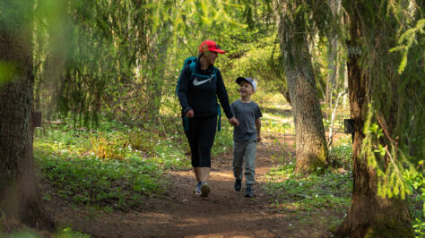 En mamma promenerar med sin son på en skogsstig.